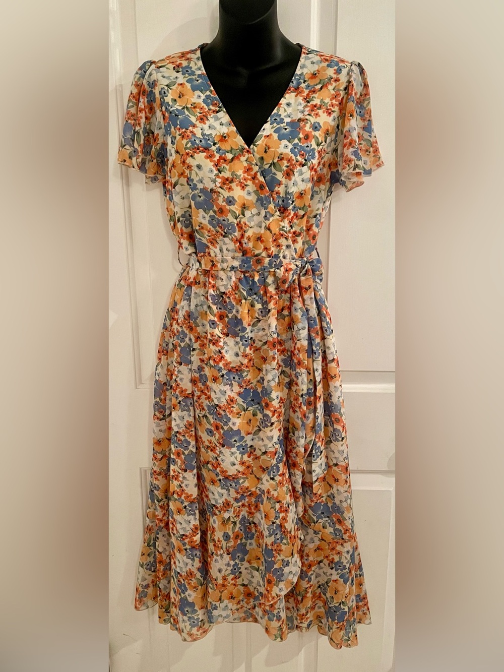 Fall Floral Wrap Style Midi Dress with Tie Waist - Blue, Orange & Cream